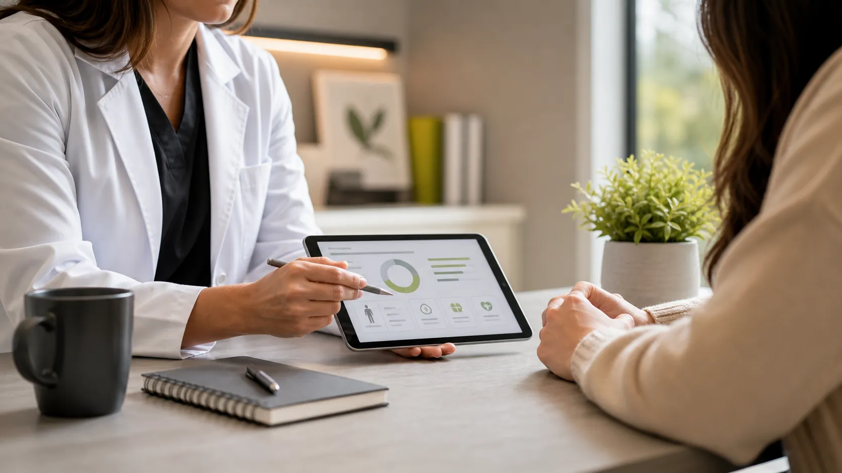 Profesional de salud revisando información con una paciente